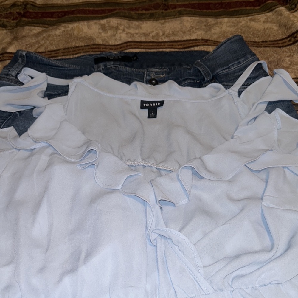 Cute Torrid summer outfit Torrid jeans shorts and soft blue top